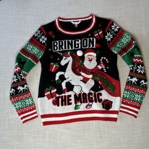 Juniors Black Sparkle Santa Unicorn Christmas Holiday Sweater Size‎ Large 11-13